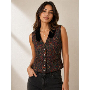 Wah Maker Paisley Western Equestrian Vest Boho Velvet Trim Size S Red